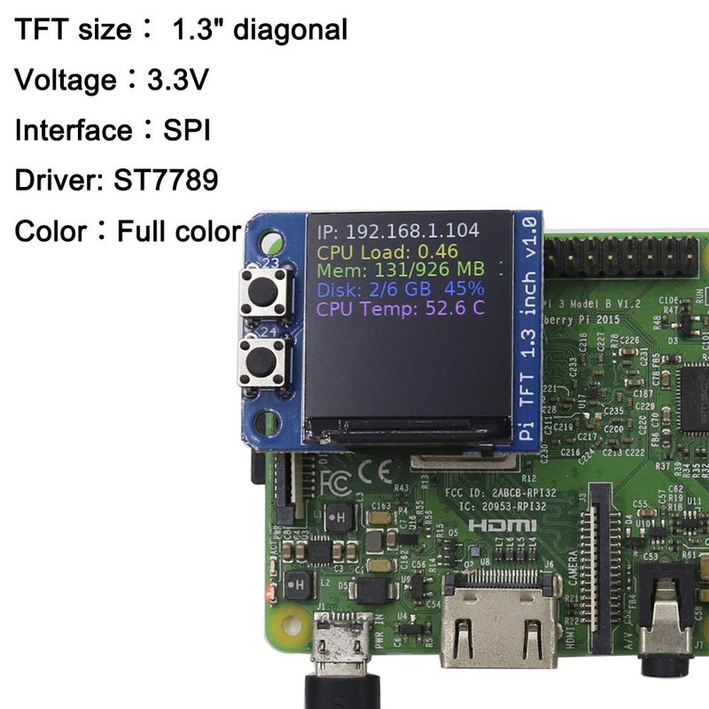 DIYmall Mini PiTFT 1.3" LCD Display 240x240 TFT Add-on for Raspberry Pi 3.3V SPI ST7789 3.3V SPI ST7789 Full Color - Image 3